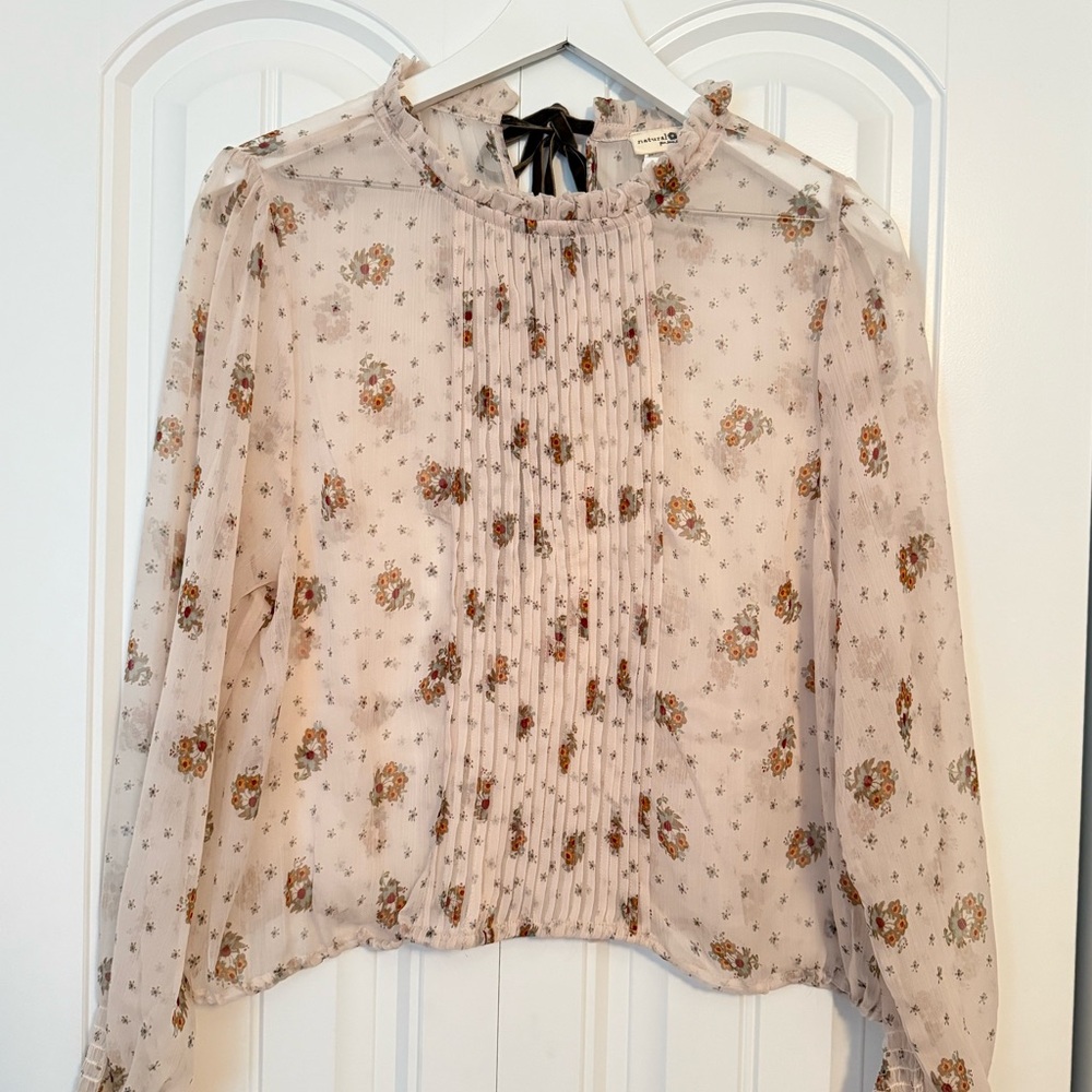 NATURAL LIFE Floral Sheer Blouse - Cream and Brown Size Large Romantic
